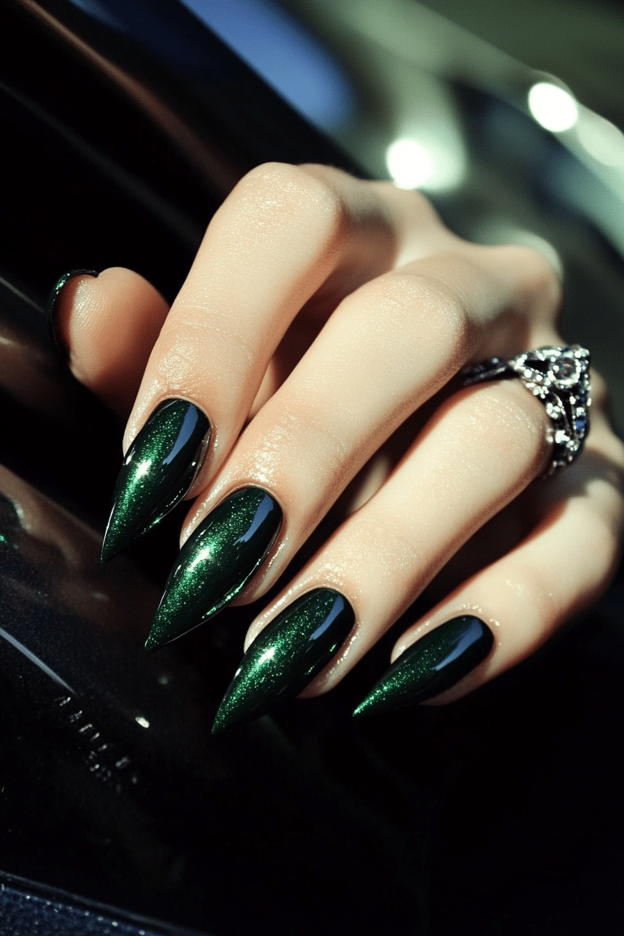 3. Emerald Stiletto Glam (Homecoming Nail Design Ideas) - Homecoming Nail Design Ideas