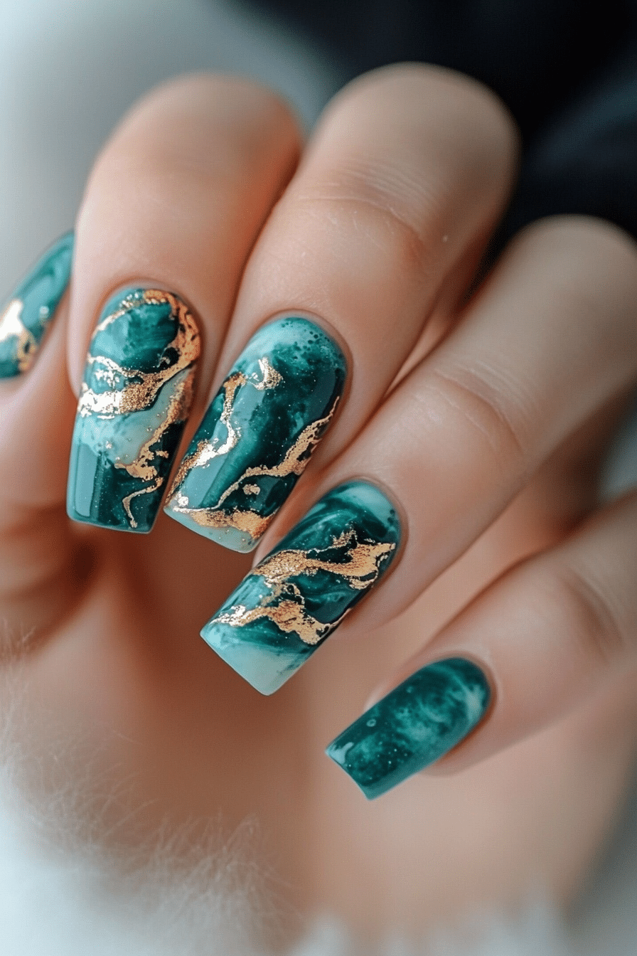 23. Teal & Gold Wave Accents (Homecoming Nail Design Ideas) - Homecoming Nail Design Ideas
