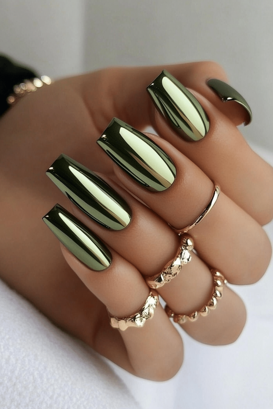 26. Chrome Olive Green (Homecoming Nail Design Ideas) - Homecoming Nail Design Ideas
