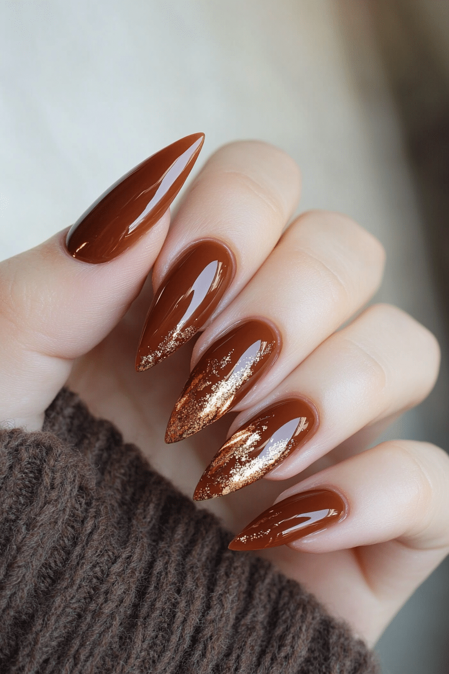 3. Glossy Caramel Drip (Fall Nail Design Ideas) - Fall Nail Design Ideas