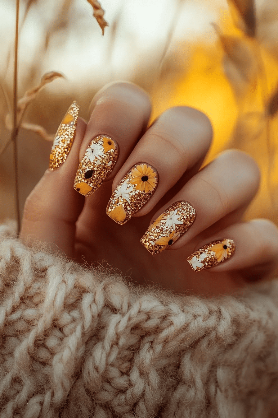 6. Golden Harvest Glam (Fall Nail Design Ideas) - Fall Nail Design Ideas
