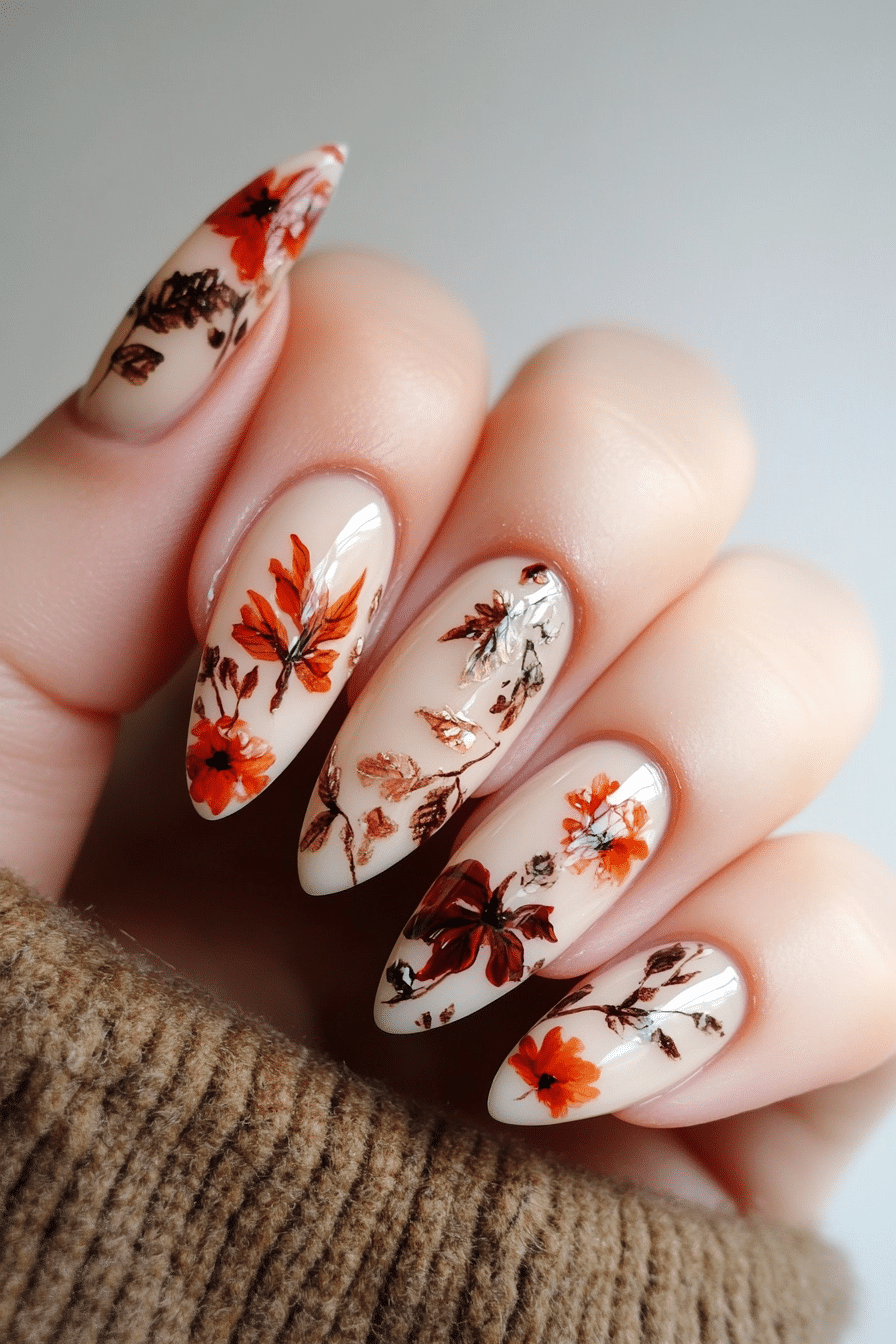 15. Autumn Floral Chic (Fall Nail Design Ideas) - Fall Nail Design Ideas