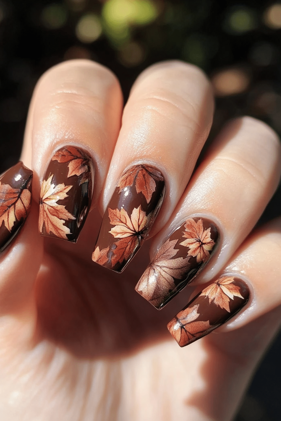 18. Bronzed Oak Leaf Accents (Fall Nail Design Ideas) - Fall Nail Design Ideas