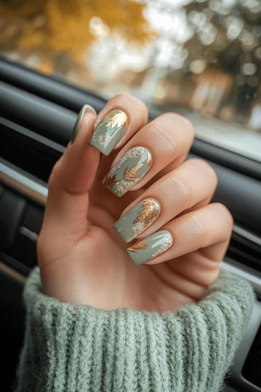 20. Sage & Gold Harmony (Fall Nail Design Ideas) - Fall Nail Design Ideas