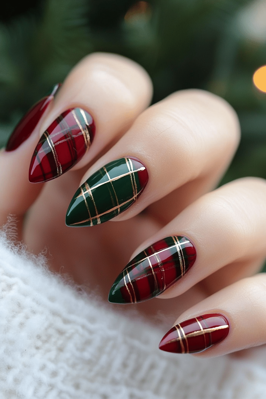 4. Holiday Plaid Perfection (Christmas Dip Nail Design Ideas) - Christmas Dip Nail Design Ideas