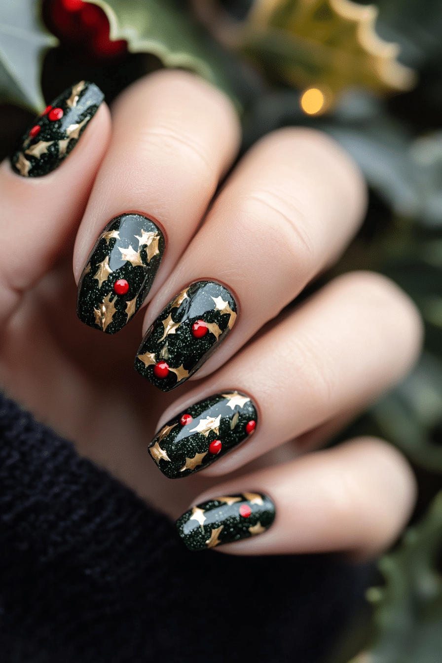 13. Festive Holly Charm (Christmas Dip Nail Design Ideas) - Christmas Dip Nail Design Ideas