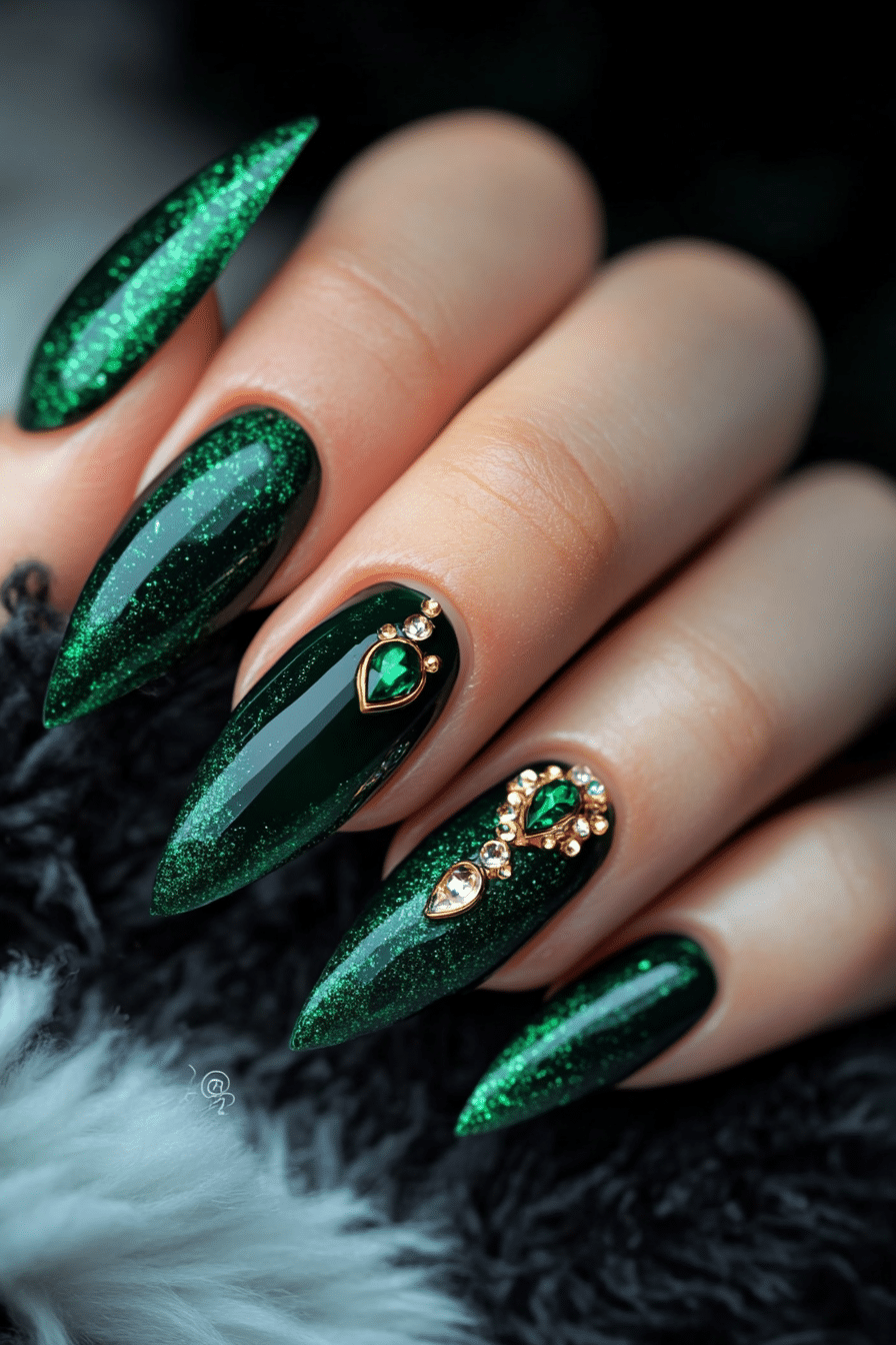 3. Emerald Dreamscape (Nail Design Ideas With Gems) - Nail Design Ideas With Gems