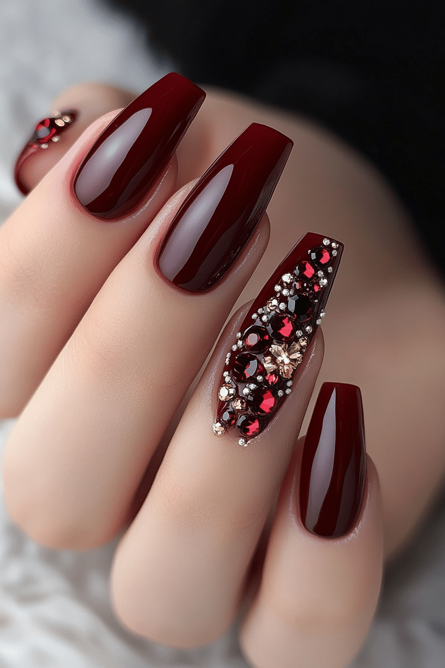 6. Cherry Wine Luxe (Nail Design Ideas With Gems) - Nail Design Ideas With Gems