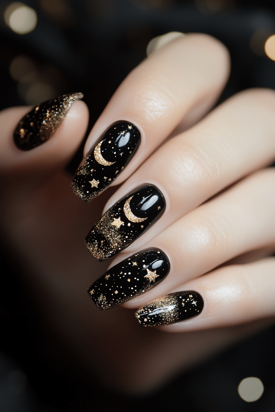 7. Celestial Gold Rush (Nail Design Ideas With Gems) - Nail Design Ideas With Gems