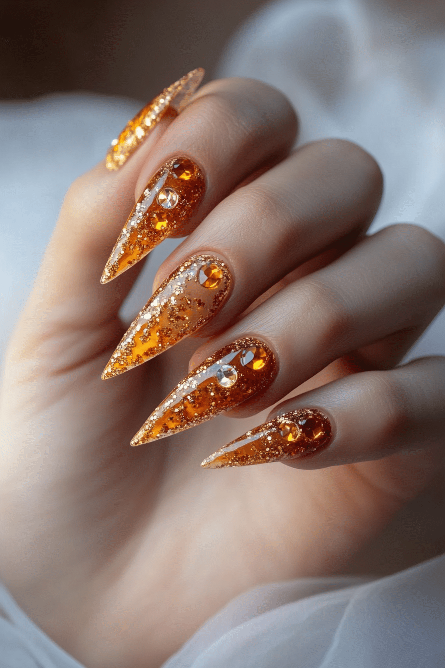 13. Golden Hour Glamour (Nail Design Ideas With Gems) - Nail Design Ideas With Gems