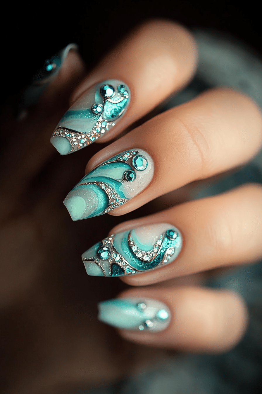 15. Turquoise Waves Serenity (Nail Design Ideas With Gems) - Nail Design Ideas With Gems