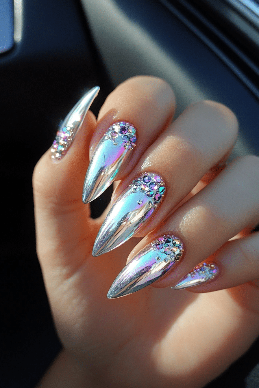 19. Metallic Silver Mirage (Nail Design Ideas With Gems) - Nail Design Ideas With Gems