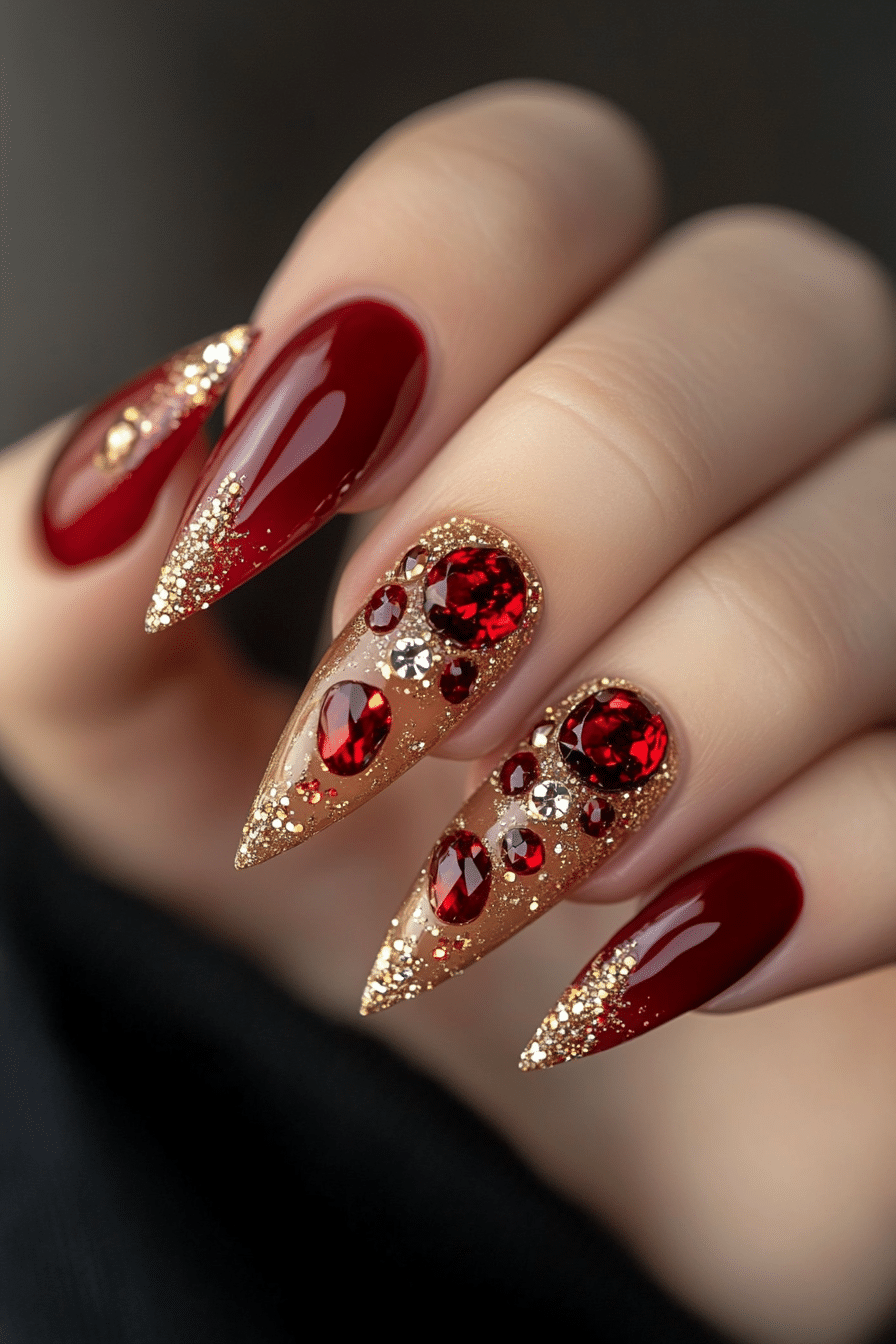 21. Ruby & Gold Enchantment (Nail Design Ideas With Gems) - Nail Design Ideas With Gems