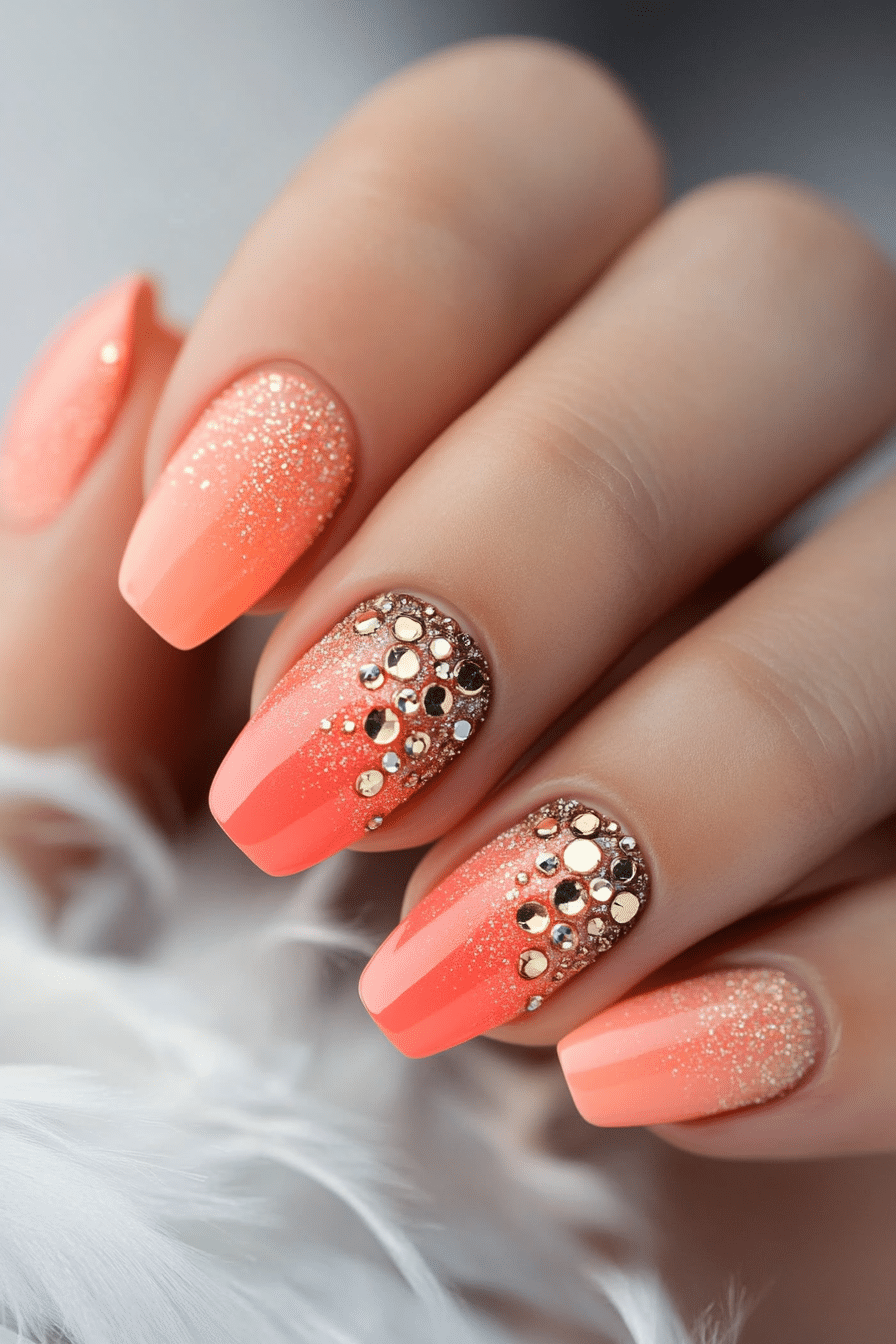 24. Sunset Coral Radiance (Nail Design Ideas With Gems) - Nail Design Ideas With Gems