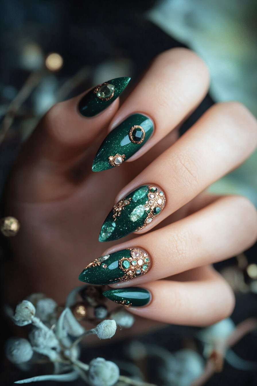 26. Gleaming Jade Opulence (Nail Design Ideas With Gems) - Nail Design Ideas With Gems