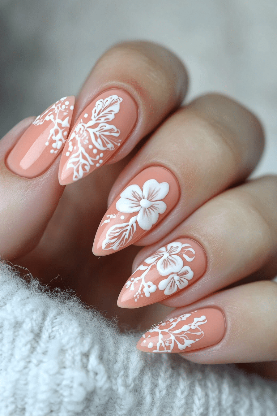 7. Peachy Floral Charm (Cute Nail Design Ideas) - Cute Nail Design Ideas
