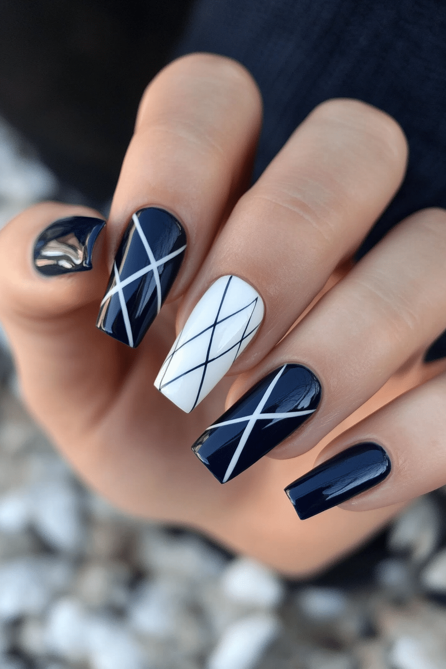 26. Bold Navy Geometric (Blue Spring Nail Design Ideas) - Blue Spring Nail Design Ideas