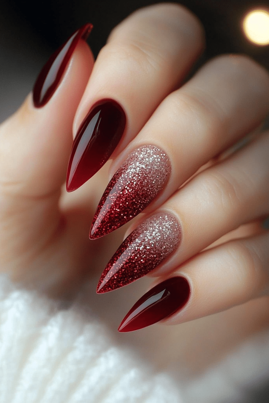 8. Rosy Glitter Gradient (Red Prom Nail Design Ideas) - Red Prom Nail Design Ideas