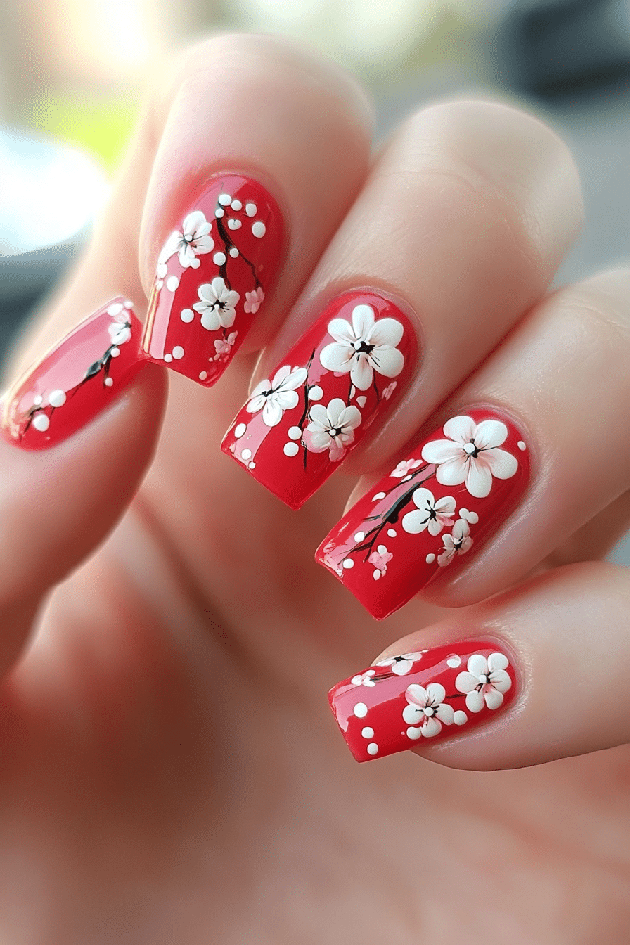 9. Cherry Blossom Accents (Red Prom Nail Design Ideas) - Red Prom Nail Design Ideas