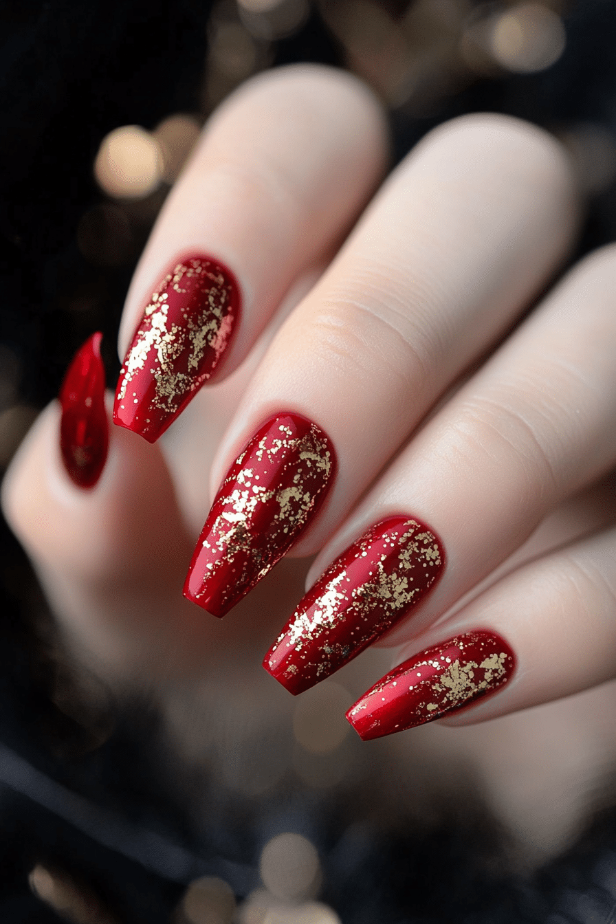 20. Velvet Red and Gold Foil (Red Prom Nail Design Ideas) - Red Prom Nail Design Ideas