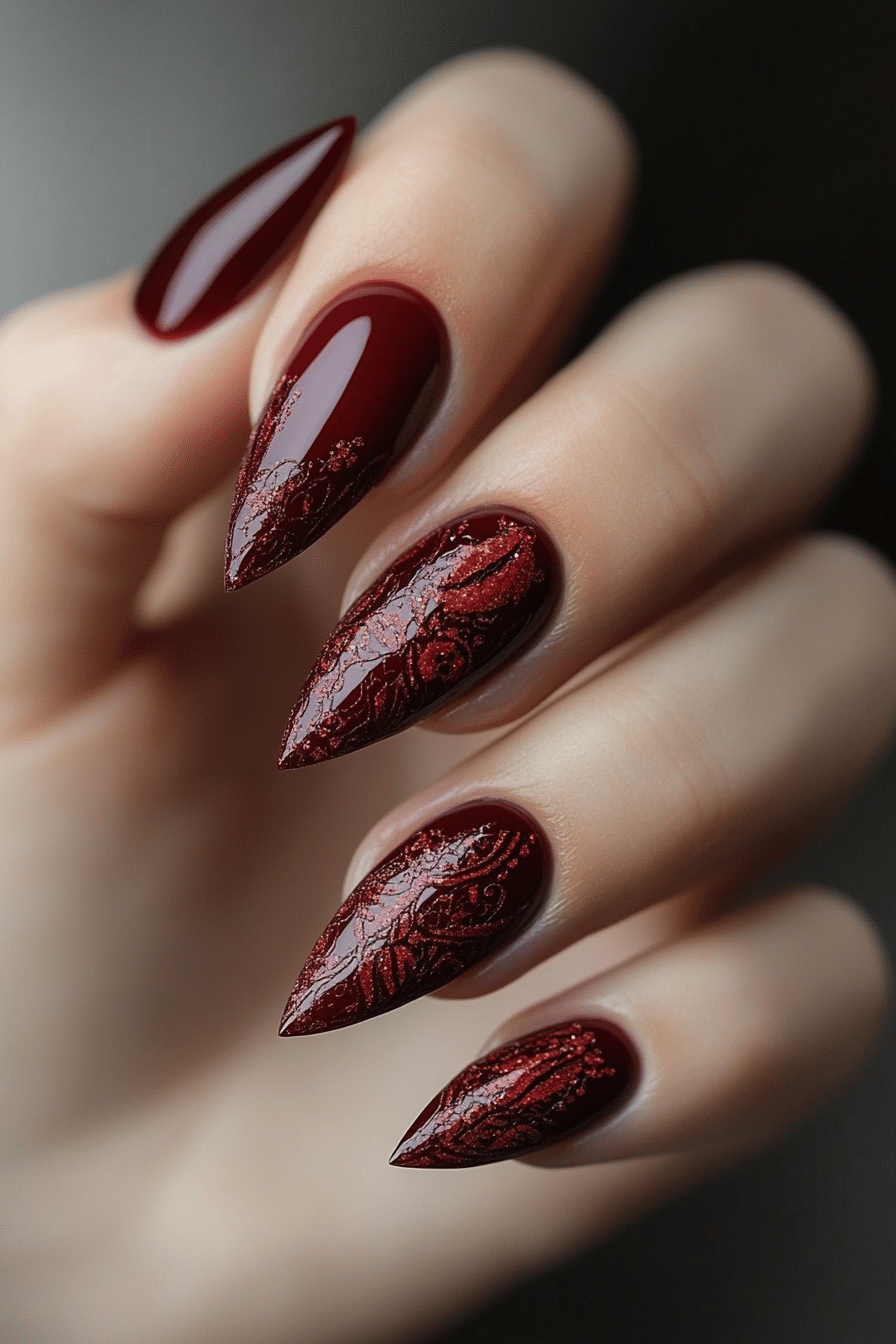 22. Burgundy Lace Detailing (Red Prom Nail Design Ideas) - Red Prom Nail Design Ideas