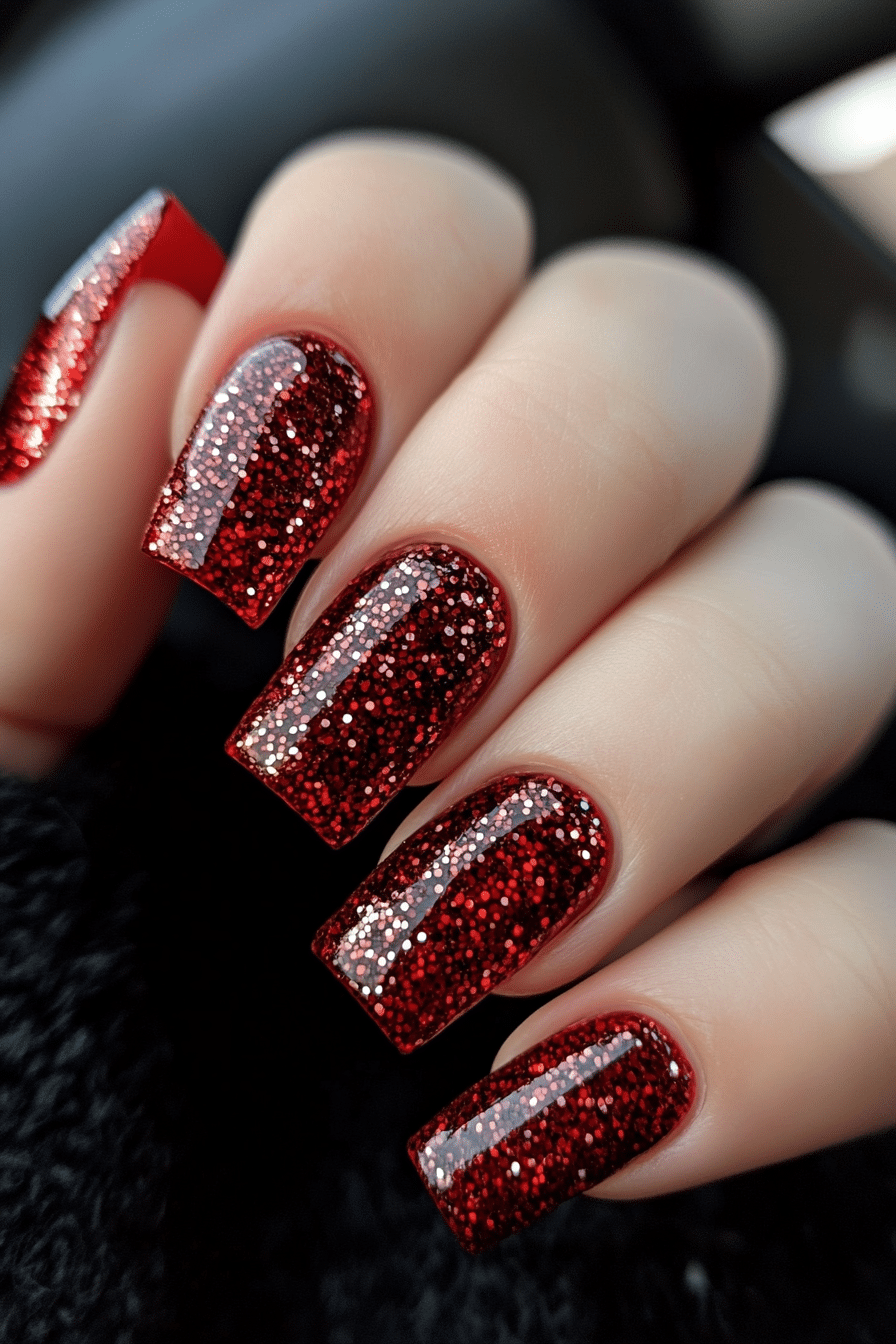 24. Dipped in Crimson Glitter (Red Prom Nail Design Ideas) - Red Prom Nail Design Ideas