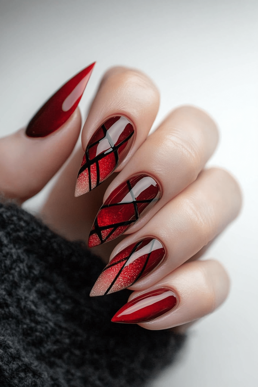 26. Geometric Scarlet Designs (Red Prom Nail Design Ideas) - Red Prom Nail Design Ideas