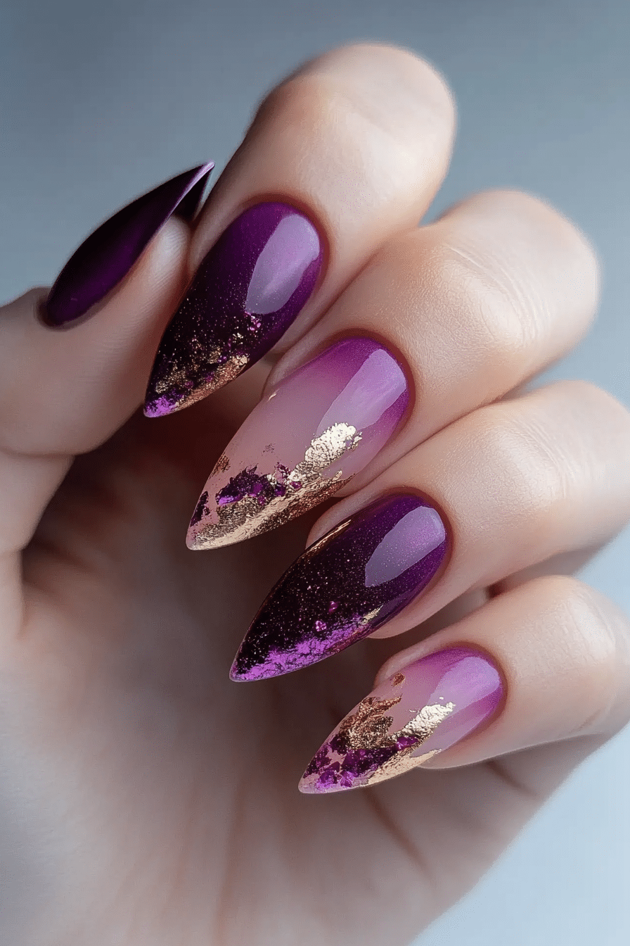 13. Plum and Gold Abstract (Purple And Lavender Nail Design Ideas) - Purple And Lavender Nail Design Ideas