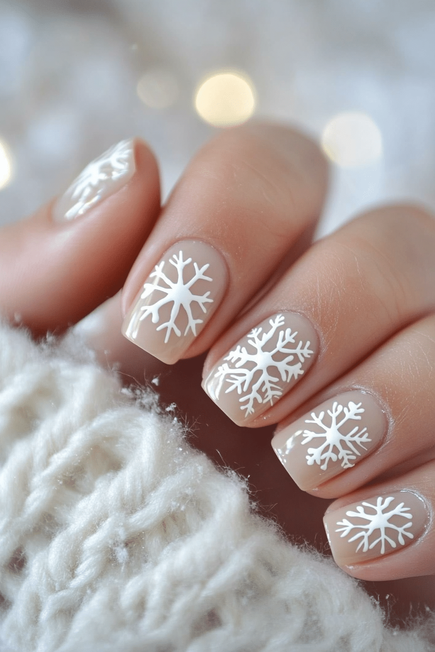 4. Snowflake Accents on Light Beige (Short Winter Nail Design Ideas) - Short Winter Nail Design Ideas