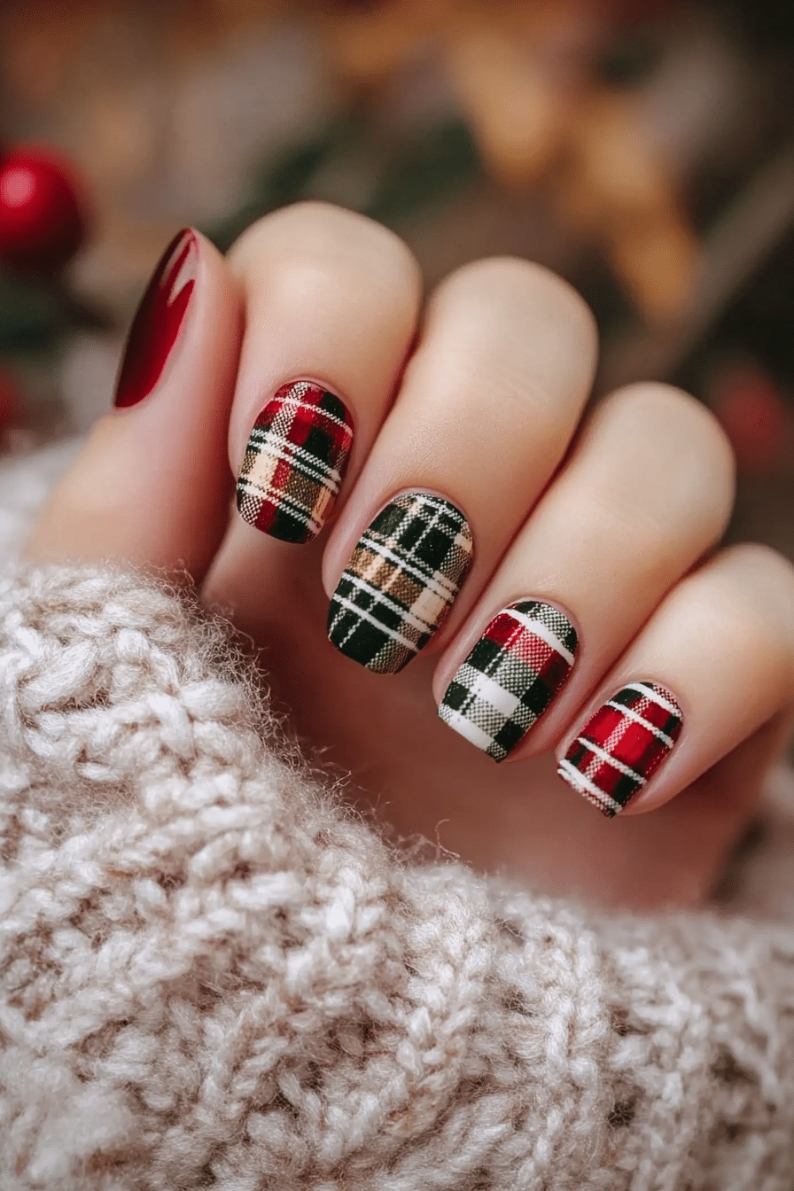 8. Plaid Patterns in Warm Tones (Short Winter Nail Design Ideas) - Short Winter Nail Design Ideas