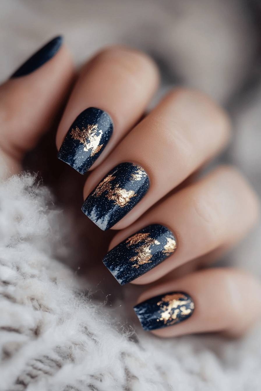 10. Gold Foil on Deep Blue (Short Winter Nail Design Ideas) - Short Winter Nail Design Ideas