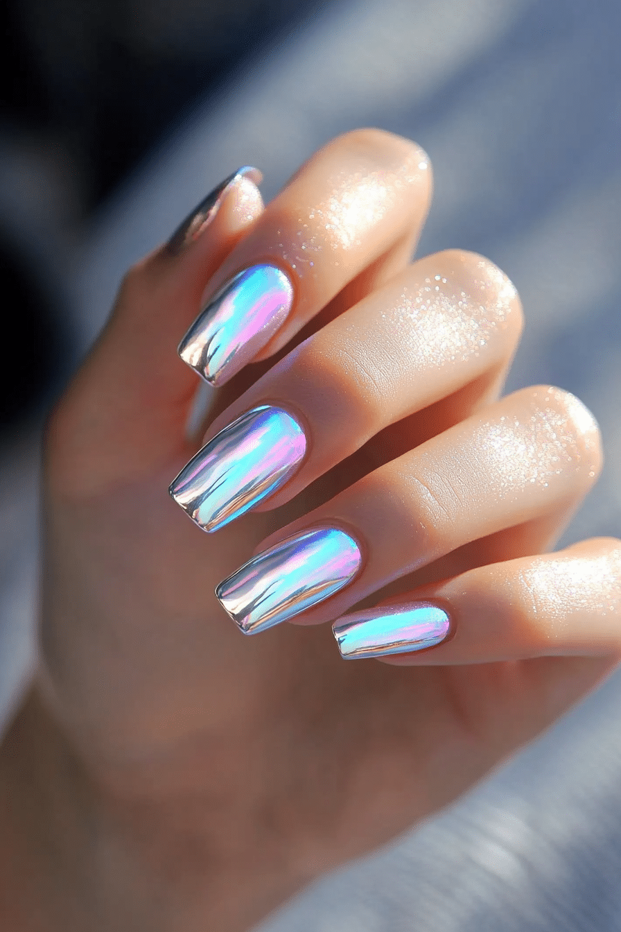 12. Holographic Silver Shine (Short Winter Nail Design Ideas) - Short Winter Nail Design Ideas
