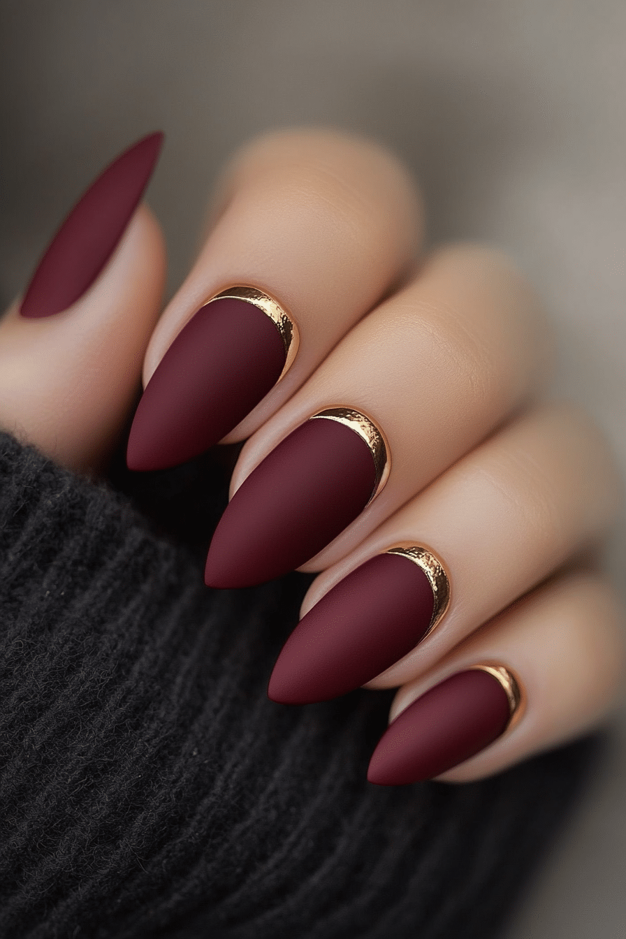 16. Burgundy Matte with Gold Tips (Short Winter Nail Design Ideas) - Short Winter Nail Design Ideas