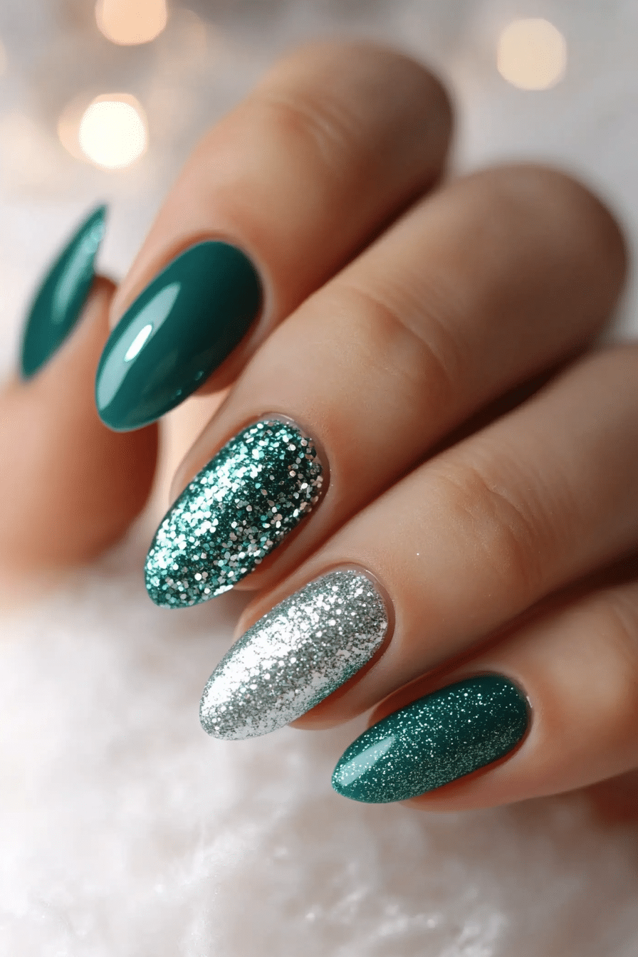 17. Teal Green with Silver Glitter (Short Winter Nail Design Ideas) - Short Winter Nail Design Ideas