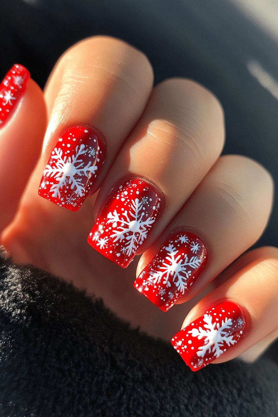 18. Classic Red with Snowflake Design (Short Winter Nail Design Ideas) - Short Winter Nail Design Ideas