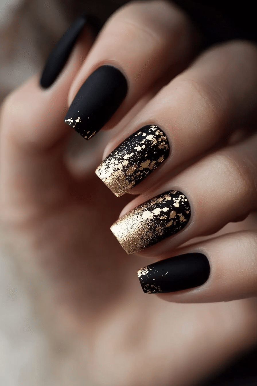 20. Black Matte with Gold Foil (Short Winter Nail Design Ideas) - Short Winter Nail Design Ideas