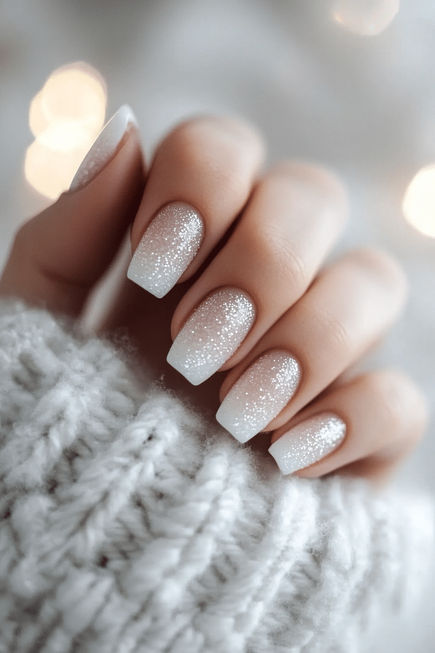 23. White Glitter Ombré (Short Winter Nail Design Ideas) - Short Winter Nail Design Ideas