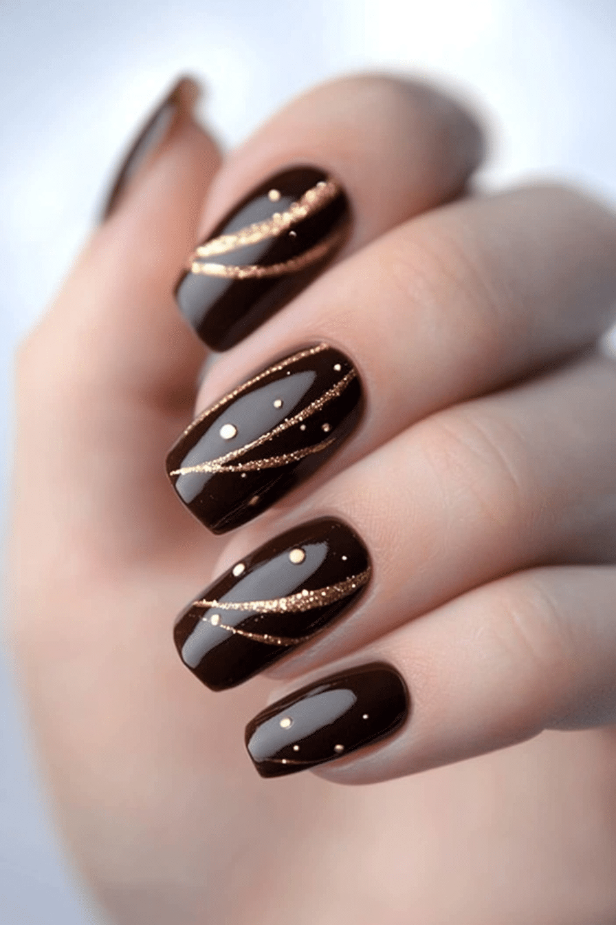 24. Chocolate Brown with Gold Accents (Short Winter Nail Design Ideas) - Short Winter Nail Design Ideas