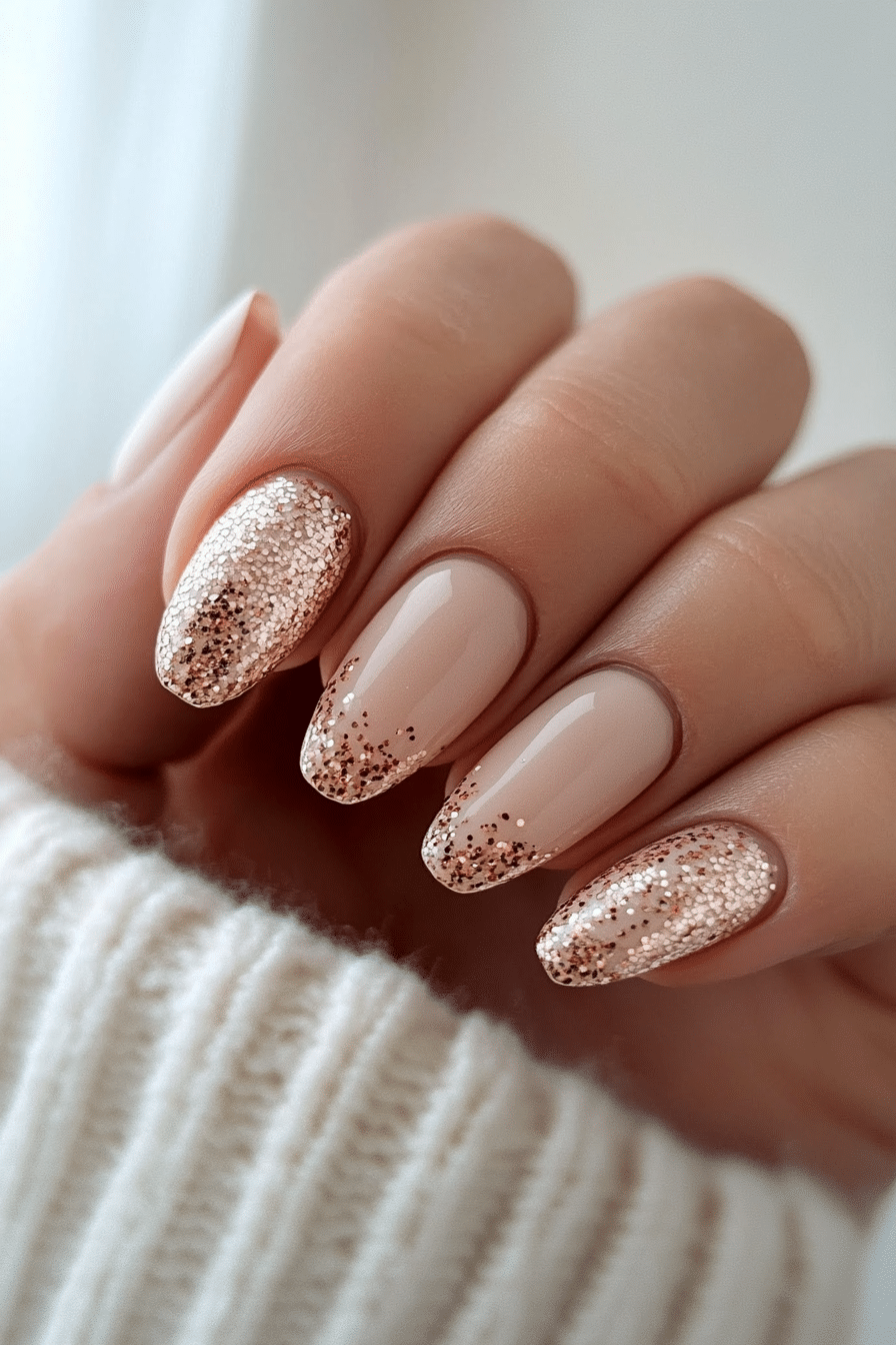25. Peachy Light Beige with Rose Gold Glitter (Short Winter Nail Design Ideas) - Short Winter Nail Design Ideas