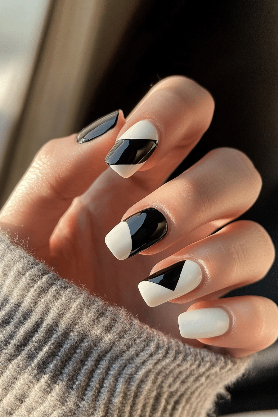 26. Black and White Geometric Design (Short Winter Nail Design Ideas) - Short Winter Nail Design Ideas
