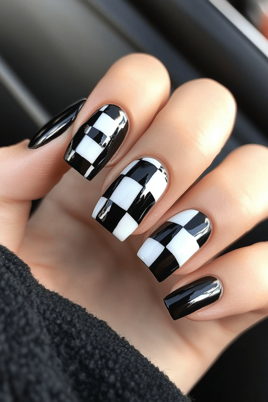 12. Checkerboard Chic (Short Nail Design Ideas) - Short Nail Design Ideas
