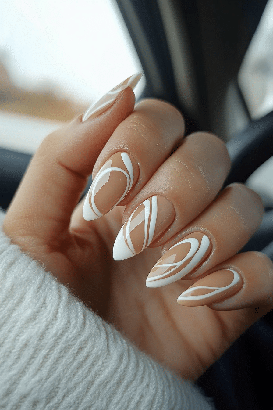 16. Caramel Swirl Elegance (Nail Design Ideas For Wedding) - Nail Design Ideas For Wedding