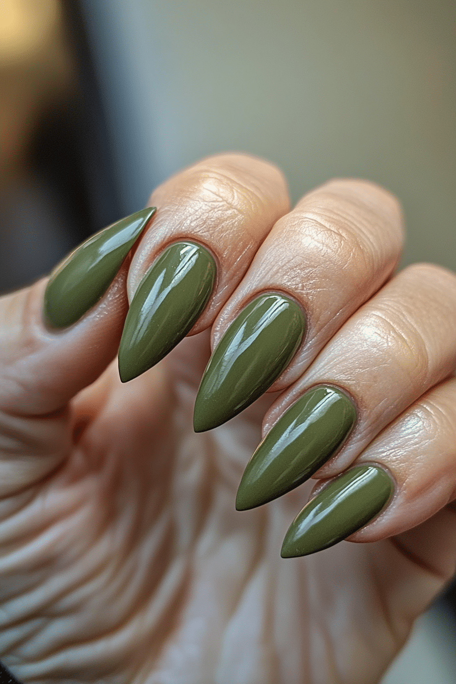 8. Olive Green Sophistication (Nail Design Ideas For Women Over 50) - Nail Design Ideas For Women Over 50