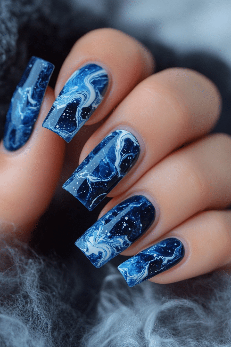 3. Sapphire Marble Swirls (Small Coffin Nail Design Ideas) - Small Coffin Nail Design Ideas