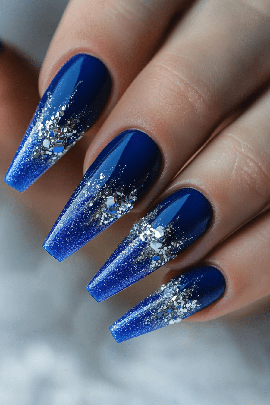 5. Cobalt Glitter Drip (Small Coffin Nail Design Ideas) - Small Coffin Nail Design Ideas
