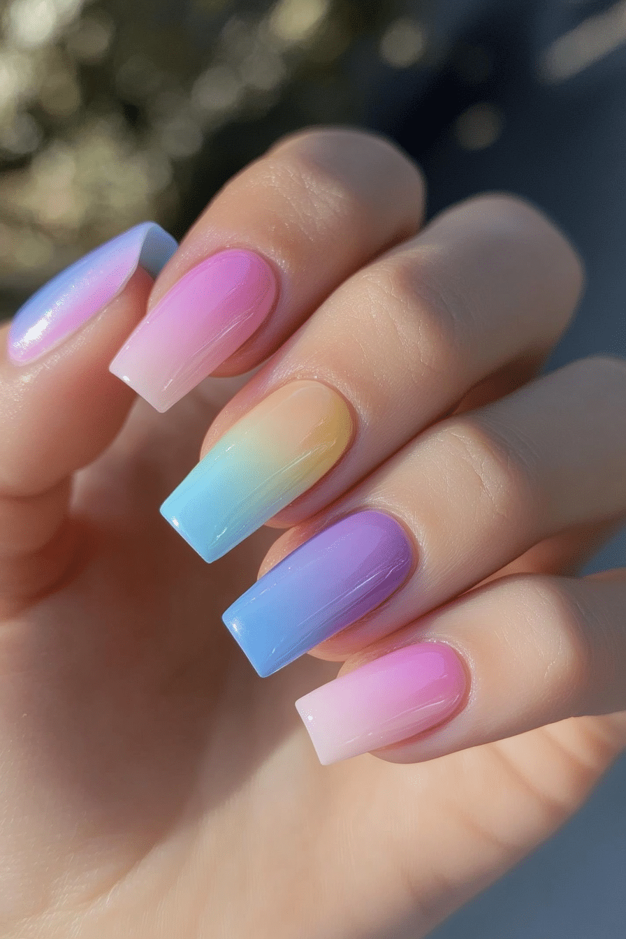 6. Pastel Rainbow Ombre (Small Coffin Nail Design Ideas) - Small Coffin Nail Design Ideas