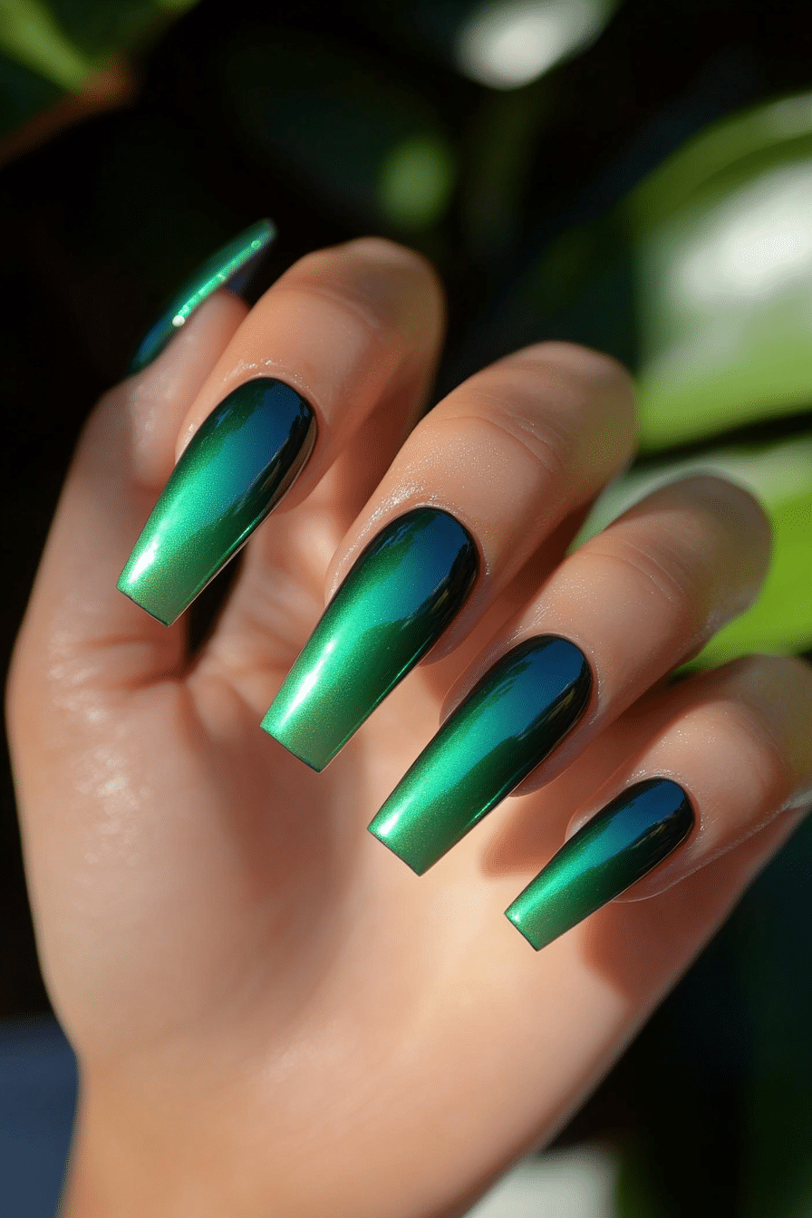 8. Emerald Green Aura (Small Coffin Nail Design Ideas) - Small Coffin Nail Design Ideas