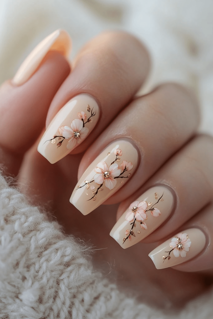 9. Cherry Blossom Accents (Small Coffin Nail Design Ideas) - Small Coffin Nail Design Ideas