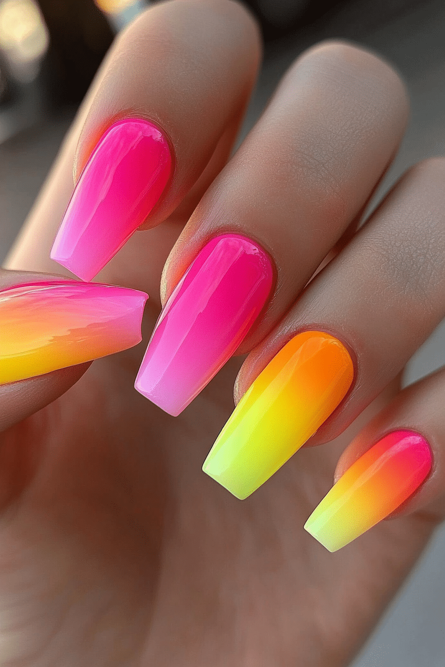 10. Neon Sunset Gradient (Small Coffin Nail Design Ideas) - Small Coffin Nail Design Ideas