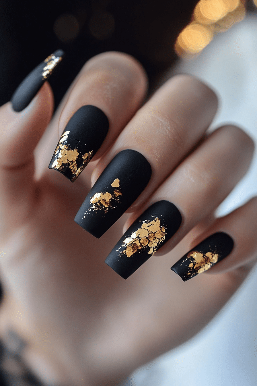 12. Matte Black & Gold Foil (Small Coffin Nail Design Ideas) - Small Coffin Nail Design Ideas